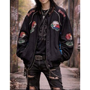 Blue Axes Skull Thrashed Destroyed Patches Y2K Punk Emo Goth Bomber Jacket 4X